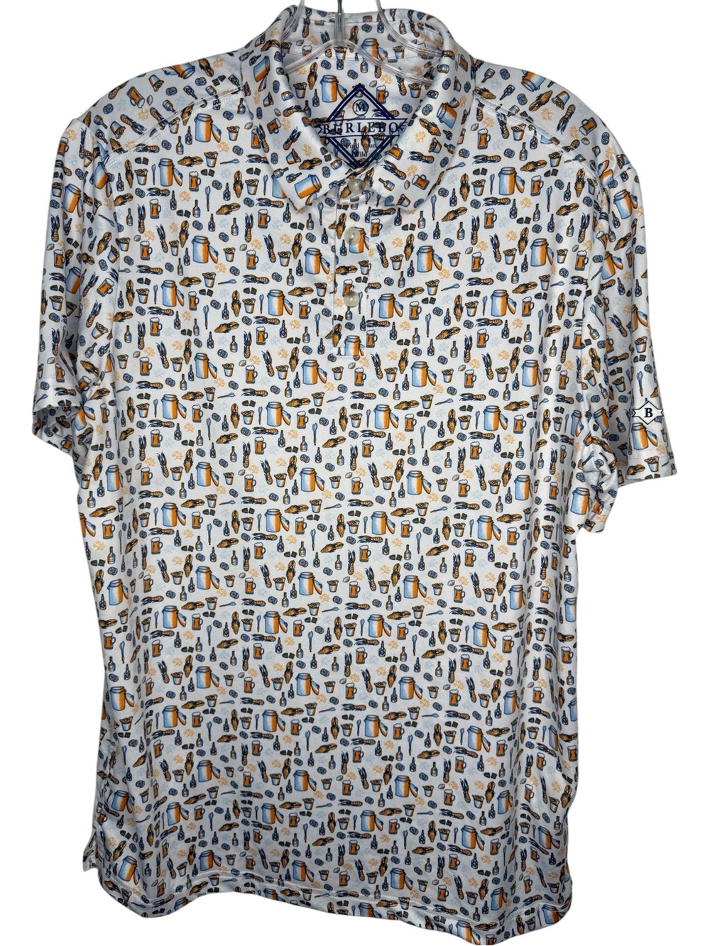 BURLEBO Crawfish Boil White Performance Polo with Blue and Orange Print - Medium